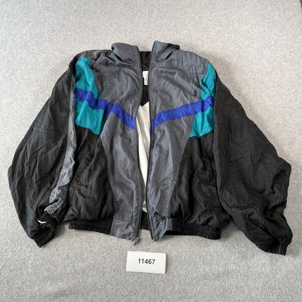Bill Blass Menswear Vintage 90s Windbreaker Jacket Gray Teal Blue Chevron Large